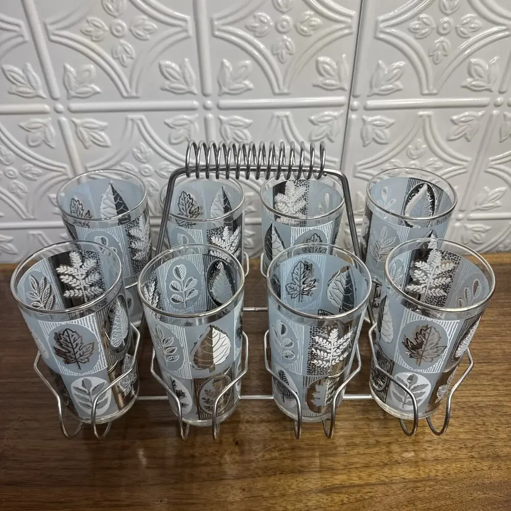 Set of 8 Vintage Libbey Highball Glass Tumblers w/ Metal Caddy Aqua Silver Leaf